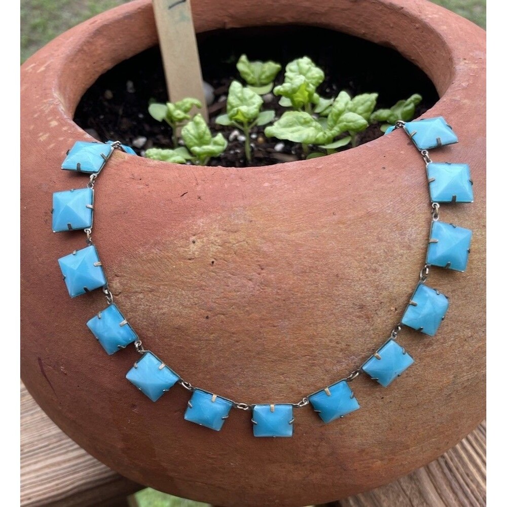 Larimar or Glass and Silver Tone Costume Jewelry Necklace